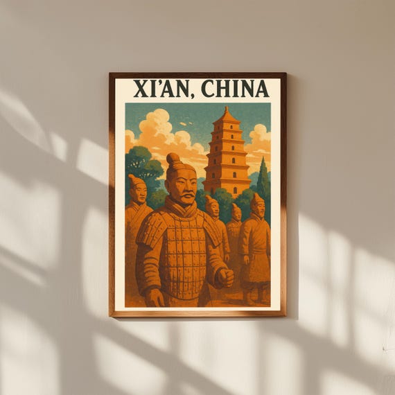 Xi’an China Vintage Travel Poster Print – Retro Wall Art of Terracotta Army & Ancient City Wall – Chinese Heritage Decor for Home