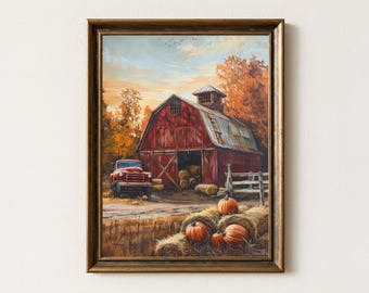 Red Barn Autumn Oil Painting Print: Rustic Farmhouse Truck & Pumpkins