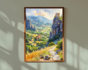 Watercolor Painting of Meteora Monasteries Greece | Cliff-Top Golden Hour Wall Art | Spiritual Mountain Landscape Poster