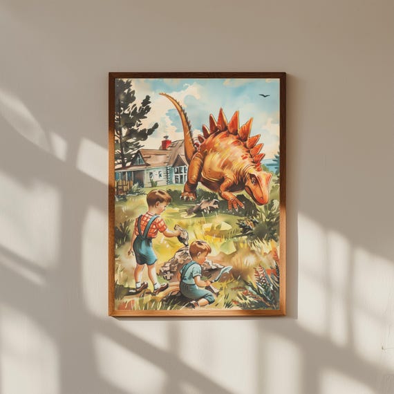 1950s Dinosaur Kids Art Print – Vintage Children’s Book Style Stegosaurus Fossil Illustration, Farmhouse Nursery Wall Decor, Dino Poster