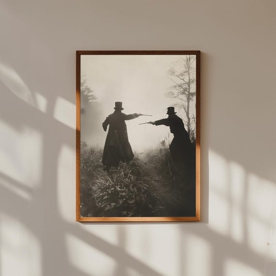 Vintage Duel Wall Art Print – 19th Century Pistols at Dawn Photo – Sepia Historical Photography – Antique Drama Poster for Office or Study