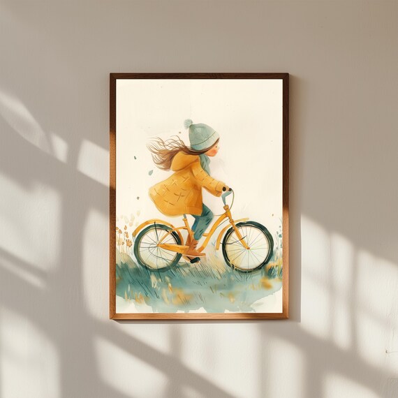 Whimsical Watercolor of Child’s First Bicycle Ride, Nursery Wall Art, Childhood Milestone Print, Bike Riding Kids Room Decor