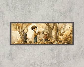 Autumn Kids Watercolor Print: Whimsical Fall Forest Panorama