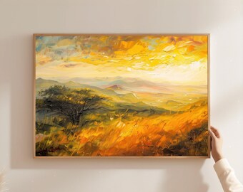 African Savanna Sunset Print: Golden Grassland Nature Art