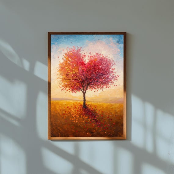 Majestic Tree of Love Art Print – Lone Tree in Golden Meadow Wall Art, Symbolic Nature Poster, Romantic Landscape Painting for Home Decor