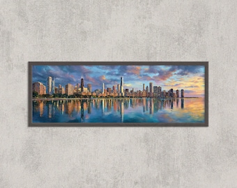 Chicago Skyline Art Print: Sunset Reflection, Panoramic Cityscape