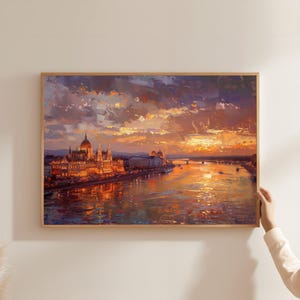 Budapest Parliament Sunset Oil Painting Print, Danube River Cityscape Canvas Wall Art, Framed Hungary Decor, Travel Gift, Home Art
