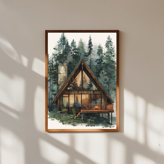 Rustic A-Frame Cabin in Pine Forest – Architectural Forest Wall Art, Minimalist Nature Poster, Rustic Woodland Cabin Decor