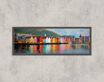 Bergen Norway Panorama Colorful Harbor Houses Painting Print Scandinavian Wall Art
