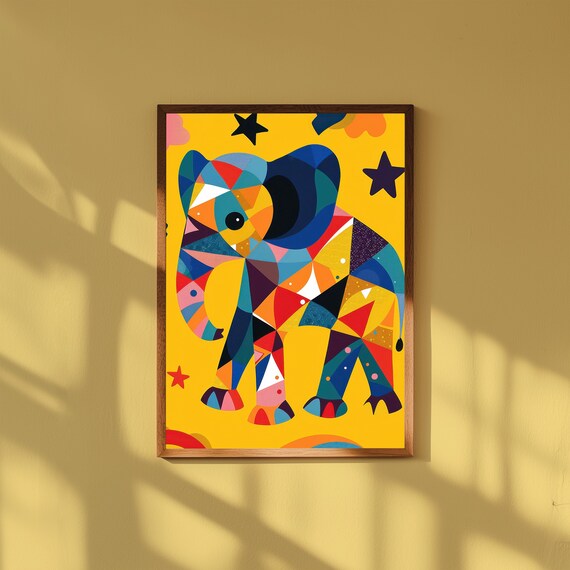 Funky Baby Elephant Nursery Art – Cute Safari Animal Wall Poster, Whimsical Elephant Print, Modern Gender Neutral Baby Room Decor