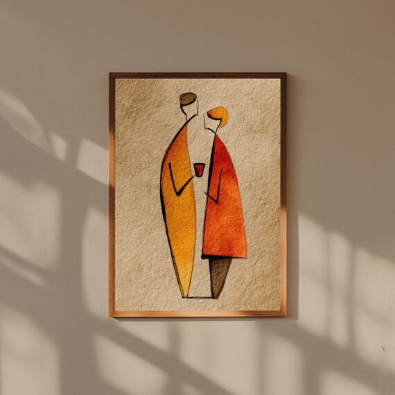 Minimalist Couple Wall Art – Coffee Lovers Abstract Print – Warm Neutral Modern Art – Scandinavian Style Decor