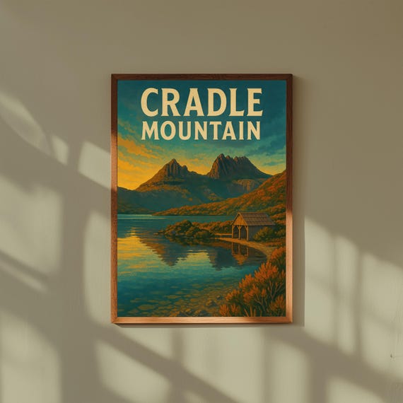 Cradle Mountain Vintage Travel Poster, Tasmania Landscape Wall Art, Retro National Park Print, Australia Nature Illustration Decor