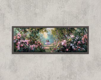May include: A framed landscape painting shows two figures in white dresses dancing on a garden path. The path is surrounded by lush pink and green foliage, with a soft, impressionistic style. The frame is a dark, neutral colour.