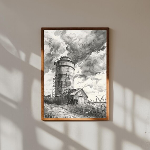 Grain Silo Storm Print – Old Midwest Farm Scene with Dramatic Thunderclouds, Rustic Country Wall Art, Stormy Rural Landscape Poster
