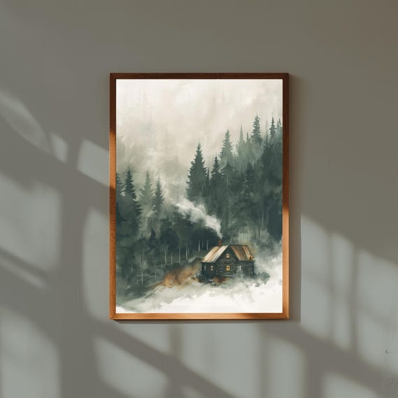 Cozy Forest Cabin with Chimney Smoke – Rustic Woodland Wall Art, Peaceful Nature Poster, Cabin in Woods Print, Warm Winter Decor
