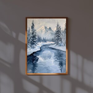 Pintura al óleo de un río invernal – Impresión de un paisaje de bosque de pinos nevado – Arte mural con escenas de naturaleza fría – Póster de Bellas Artes Serenas