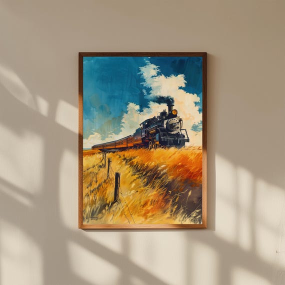 Vintage Steam Engine Print – Lithograph-Style Train Crossing Amber Wheat Fields, Rustic Railroad Wall Art, Classic Americana Landscape