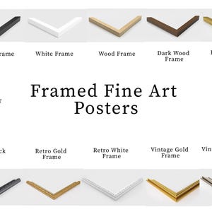 a collection of framed fine art posters, each with a different frame color and style, arranged in a grid format.