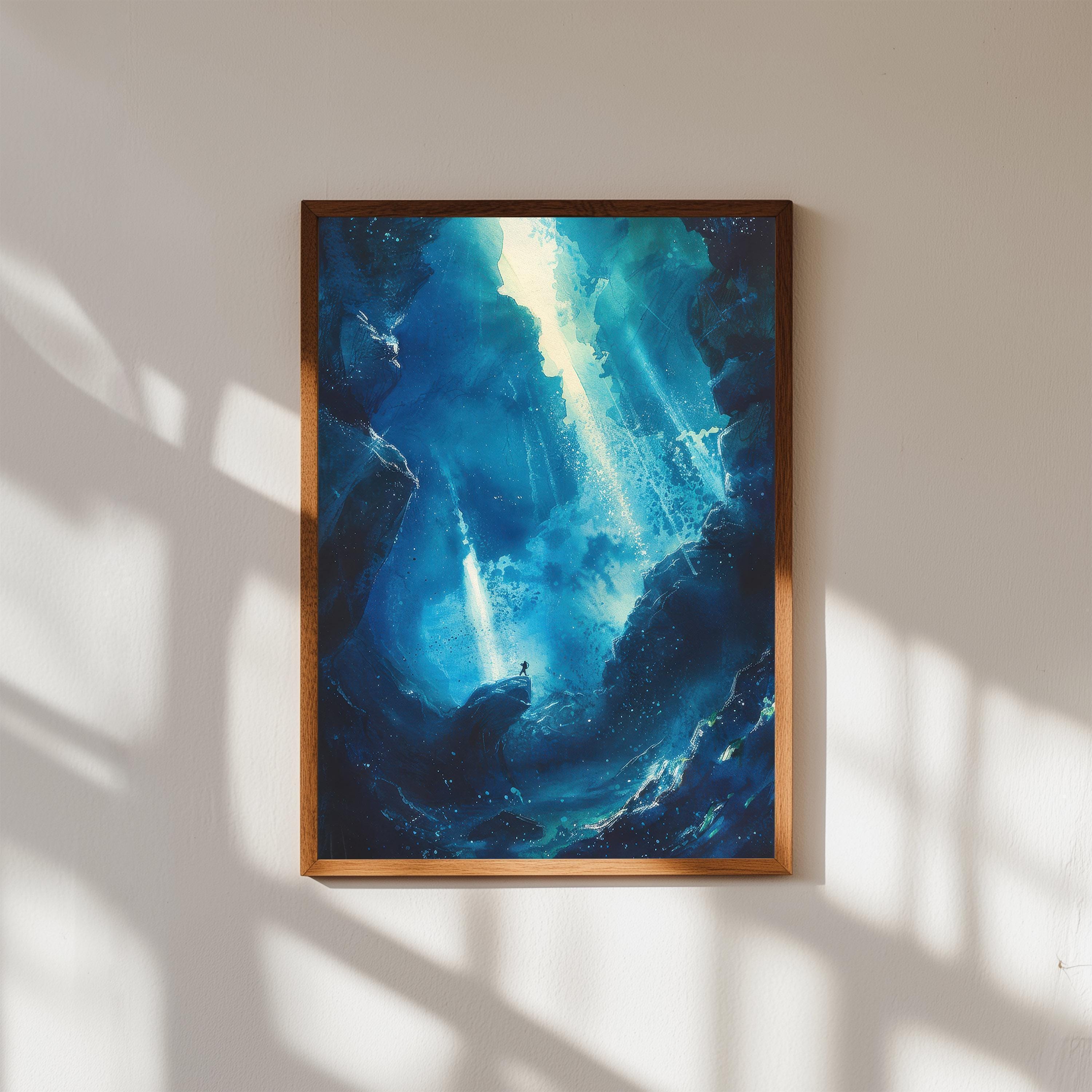 Scuba Diving Watercolor Print: Underwater Ocean Art, Deep Sea Cave