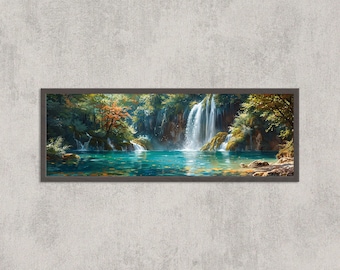Panoramic Plitvice Lakes Wall Art | Croatia Watercolor Waterfall Landscape Print | European Nature Panorama Decor