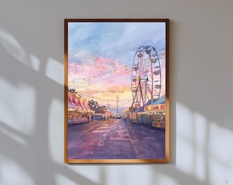 Muted Watercolor Ferris Wheel Print: Dreamy Fairground Sunset Art