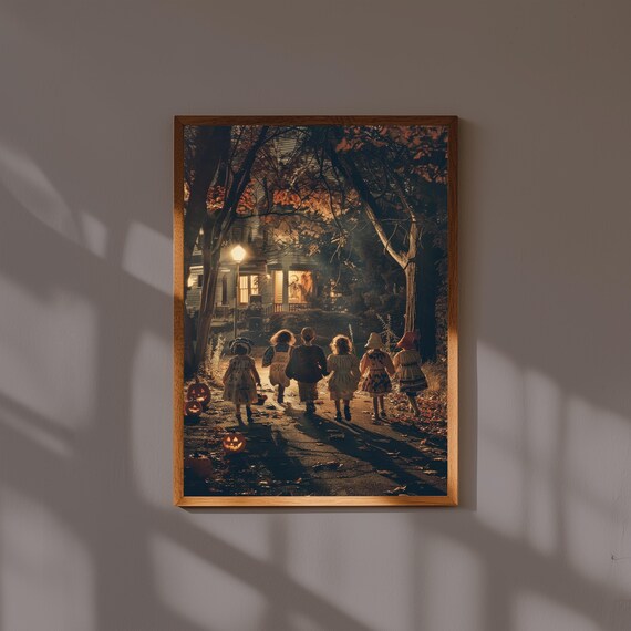 Vintage Halloween Children Painting – Trick-or-Treaters Under Streetlights – Nostalgic Autumn Wall Art for Fall or Halloween Decor