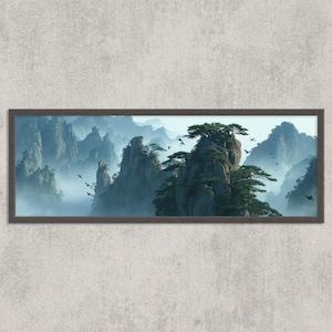 Impression panoramique de montagnes chinoises brumeuses : art mural paysage zen