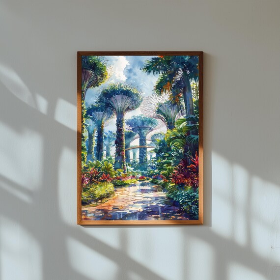 Gardens by the Bay Watercolor Print – Supertree Grove Art, Singapore Travel Poster, Futuristic Nature Decor, Lush Greenery Wall Art