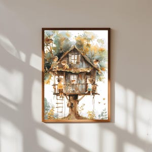 Whimsical Treehouse Watercolor Print, Children Playing in Tree House Art, Nursery Wall Decor, Childhood Adventure Illustration