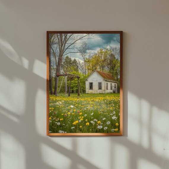 Abandoned Schoolhouse Spring Poster, Rustic Countryside Wall Art, Wildflower Field Illustration, Vintage Nature Print, Nostalgic Decor