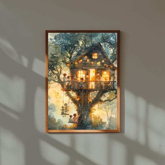 Whimsical Treehouse Watercolor Print, Children Playing in Tree House Art, Nursery Wall Decor, Childhood Adventure Illustration