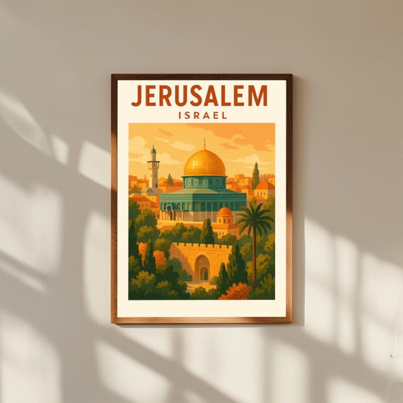 Jerusalem Israel Vintage Travel Poster Print – Retro Wall Art of Old City & Dome of the Rock – Holy Land Decor for Home or Office