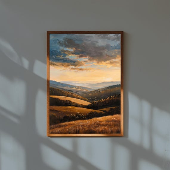 Golden Valley Oil Painting – Rolling Hills Landscape Print – Warm Nature Wall Art – Serene Fine Art Poster
