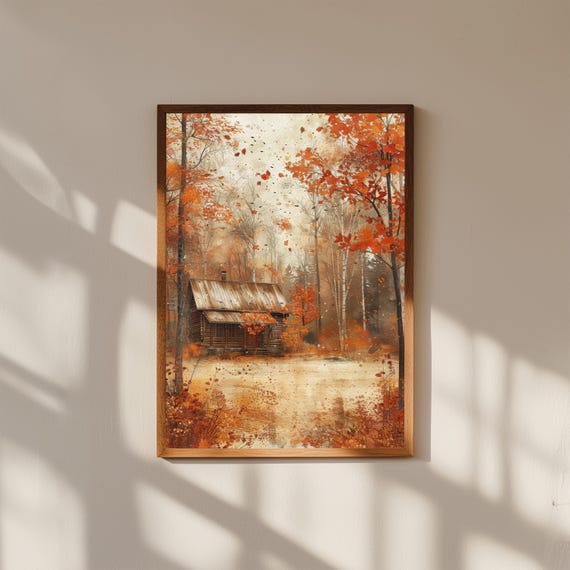 Cozy Forest Cabin Poster Art – Rustic Nature Wall Print, Woodlands Cabin Landscape Decor, Mountain Forest Art for Bedroom or Living Room