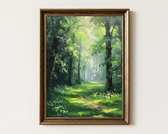 Dappled Sunlight Forest Print: Impressionist Woodland Oil Painting