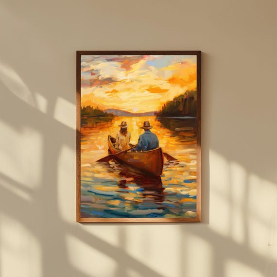 1930s Canoe Couple Oil Painting Print, Vintage Lake Sunset Wall Art, Romantic Summer Poster, Nostalgic Nature Decor, Golden Hour Scene