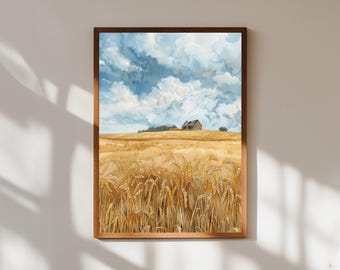 Golden Wheat Field Watercolor Print: Rustic Farmhouse Wall Art
