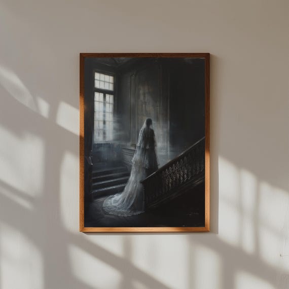 Ghostly Woman at Grand Staircase – Oil Painting, Gothic Haunted Art, Ethereal Lace Gown Decor, Spooky Vintage Wall Art