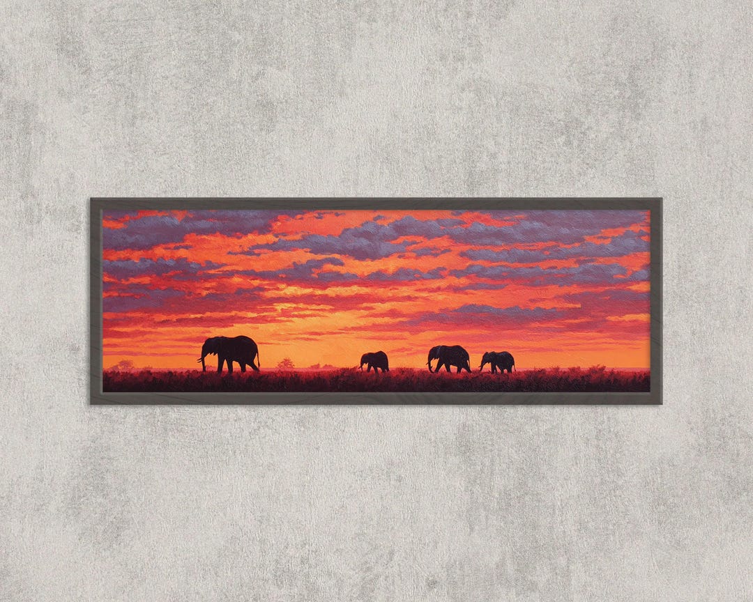 Elephant Sunset Safari Print, African Wildlife Panorama Wall Art - Etsy