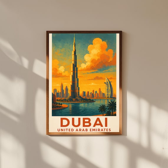 Dubai Vintage Travel Poster Print – Retro Wall Art of Burj Khalifa & City Skyline – UAE Poster for Modern Home Decor