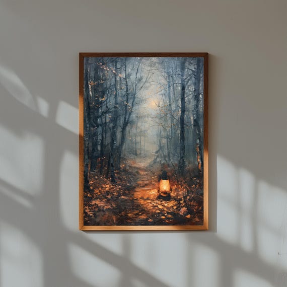 Glowing Lantern in Misty Forest Clearing – Oil Painting Print, Mystical Woodland Art, Moody Nature Wall Decor, Enchanted Forest Poster