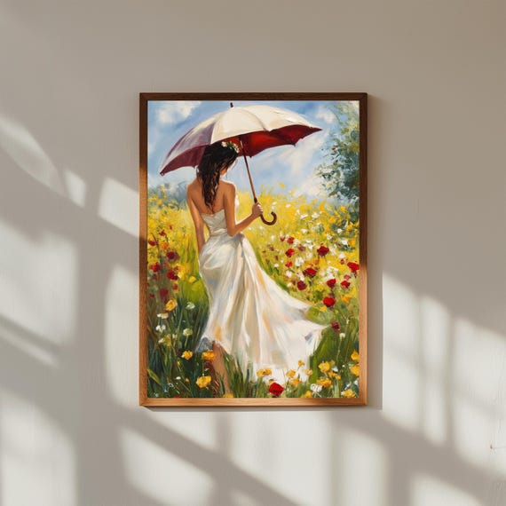 Elegant Lady in Flower Field Wall Art – Feminine Nature Scene Print – Romantic Boho Decor – Floral Meadow Poster – Aesthetic Artwork