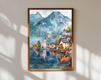 Impresión en acuarela de Hallstatt, Austria: Arte del lago en un pueblo alpino