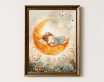 Baby on Moon Print: Whimsical Watercolor Nursery Art