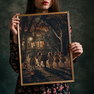 Halloween Children Art Print: Trick-or-Treaters Under Streetlights image 3
