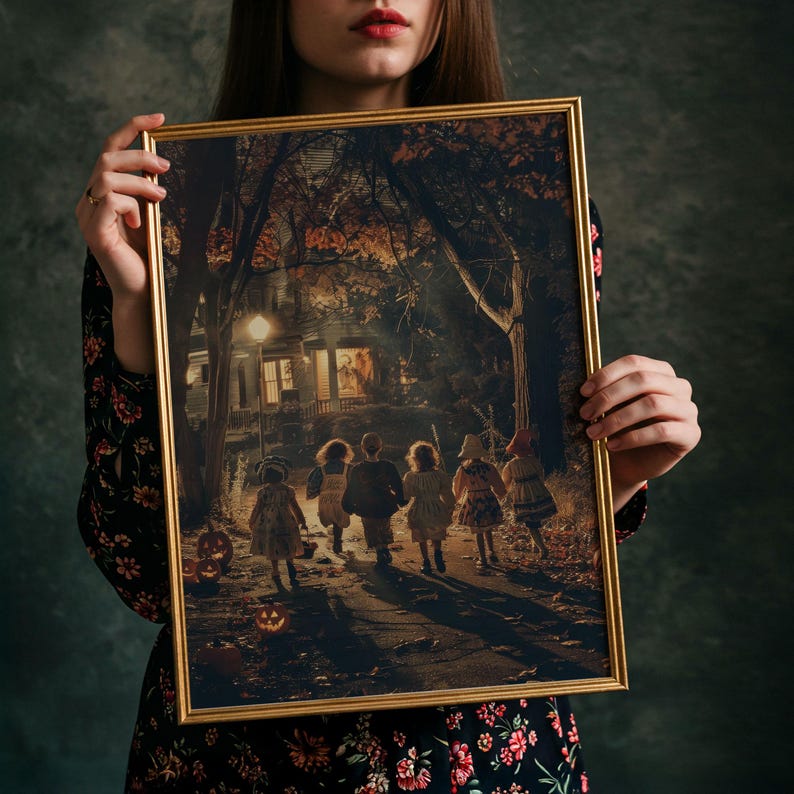 Halloween Children Art Print: Trick-or-Treaters Under Streetlights image 3