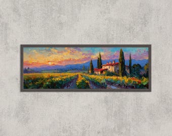 Tuscan Vineyard Sunset Wall Art | Palette Knife Oil Painting Style Landscape Print