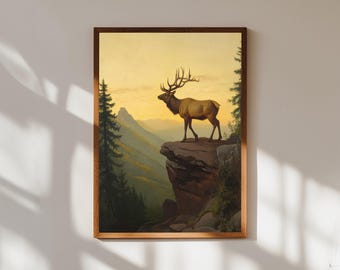 Majestic Elk Print: Mountain Sunset Wildlife Art, Rustic Cabin Decor
