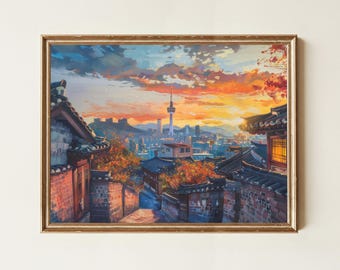 Seoul Golden Hour Kunstdruck auf Leinwand: Bukchon Hanok Dorf, koreanisches Wohndekor