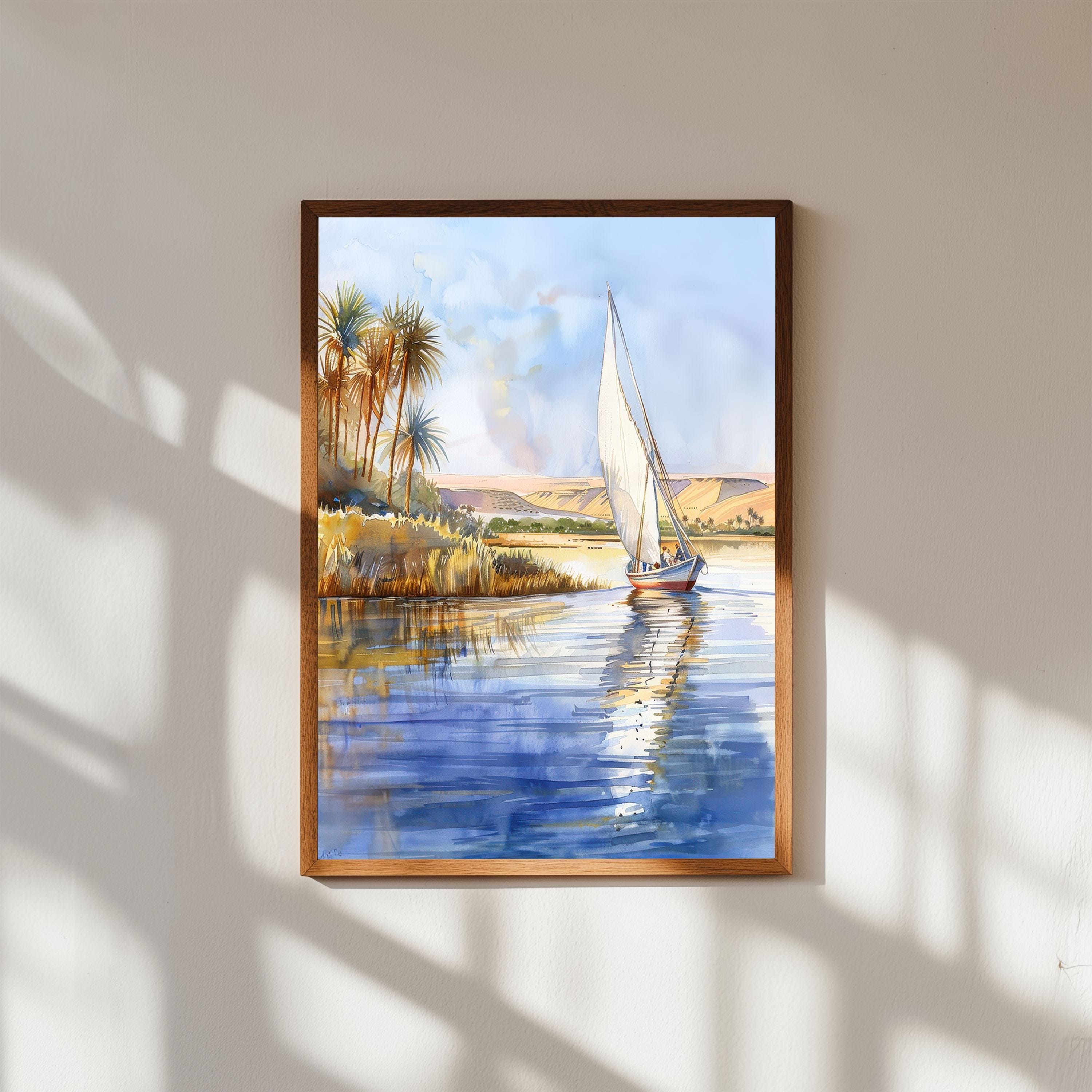ナイル川の水彩画：エジプトの帆船風景画 - Etsy 日本